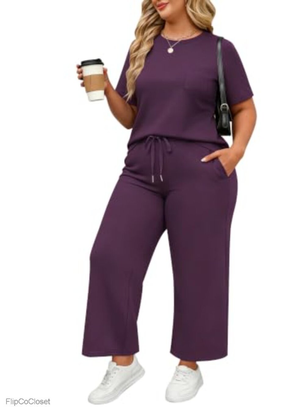 Plus Size 2 Piece Lounge Set Wide Leg Pant Short Sleeve Travel